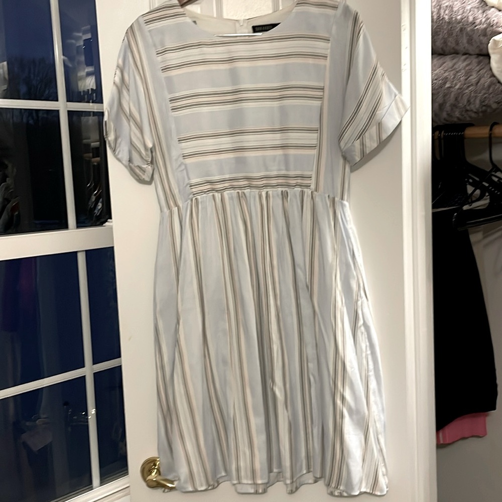 Blue and White Stripes Knee Length Dress-M
